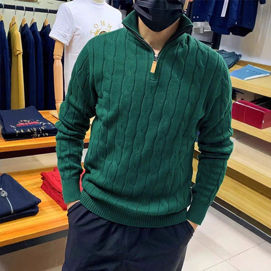 Semi-Zip Turtleneck Sweater – Loose Fit Cable Knit Pullover