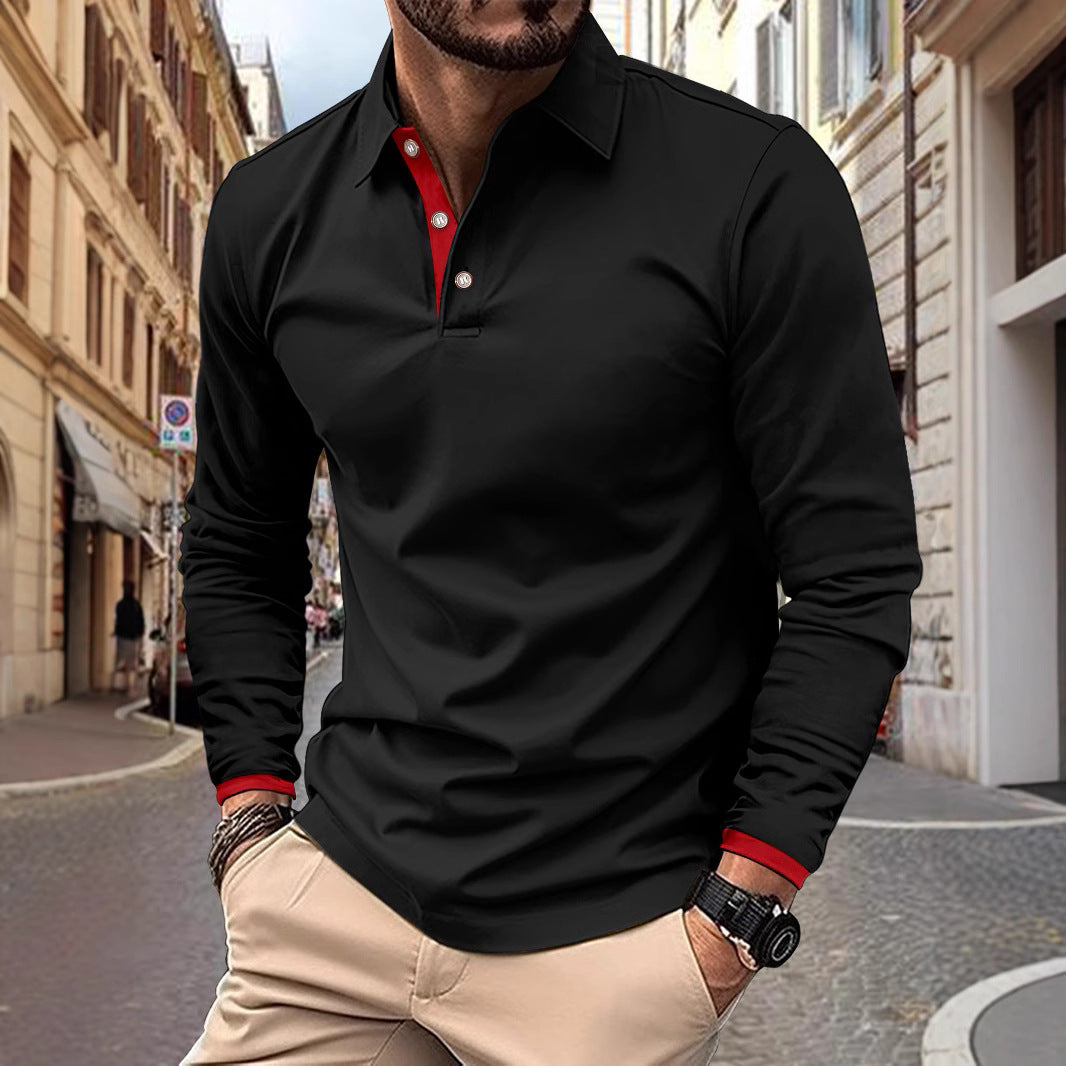 Spring Autumn Men's New Color-Block Outdoor Sport Casual Turn-Down Collar Long Sleeve Casual Sport Polo Shirt