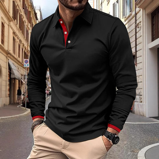 Spring Autumn Men's New Color-Block Outdoor Sport Casual Turn-Down Collar Long Sleeve Casual Sport Polo Shirt