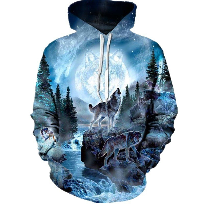 New Men's Autumn Long-Sleeve Hoodie Streetwear Round Neck 3D Wolf Print