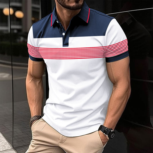 New Men's Casual Polo Shirt Chest Color-Block Turn-Down Collar Button Business Color-Block Top