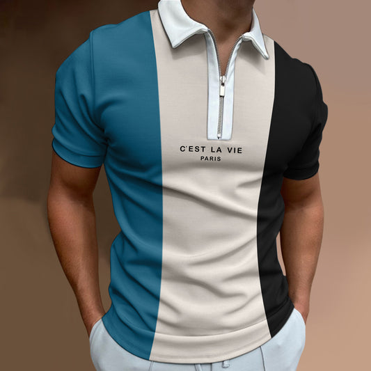 Men's Casual Color-Block Short Sleeve Polo Shirt Zipper Collar 3D Print Polo Shirt Multi-Color