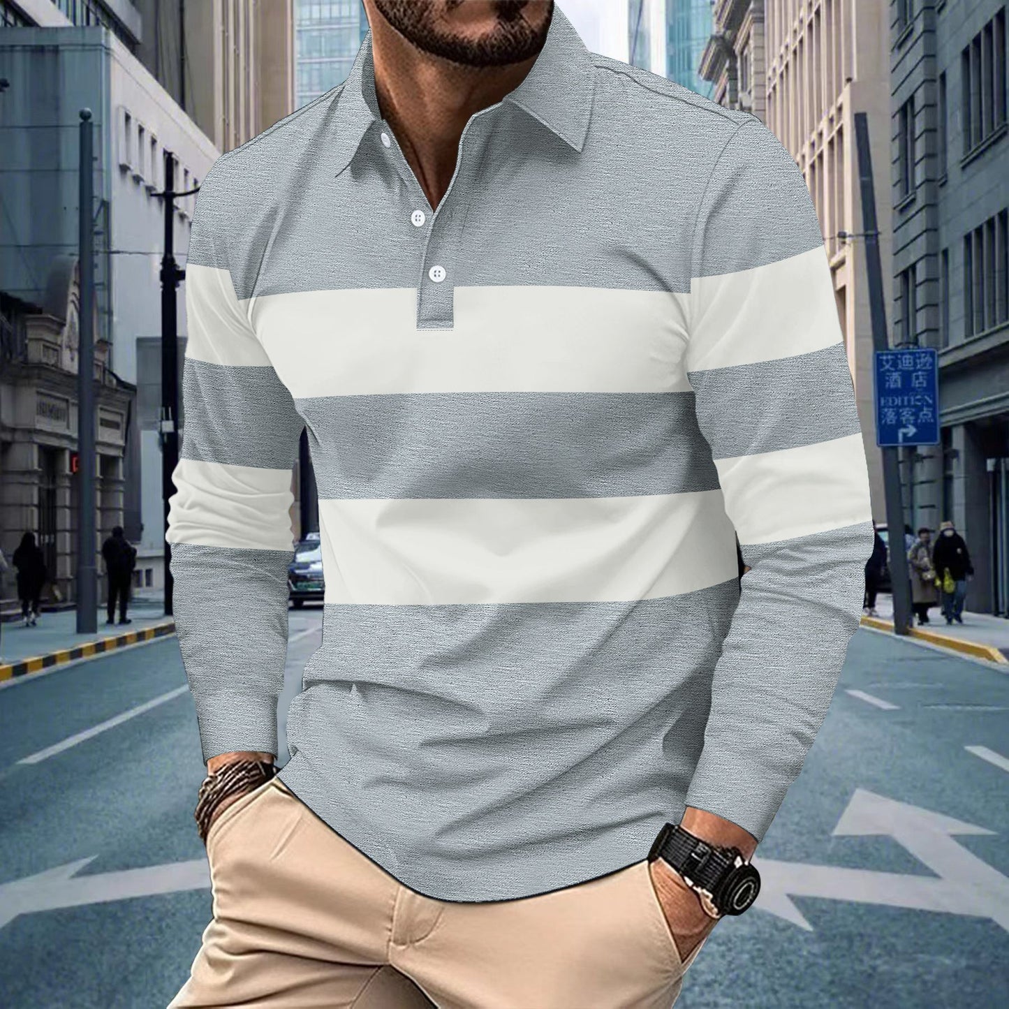 Long Sleeve Polo Shirt Spring Autumn Men's Casual Stripe Turn-Down Collar High Quality Men's T-Shirt Top