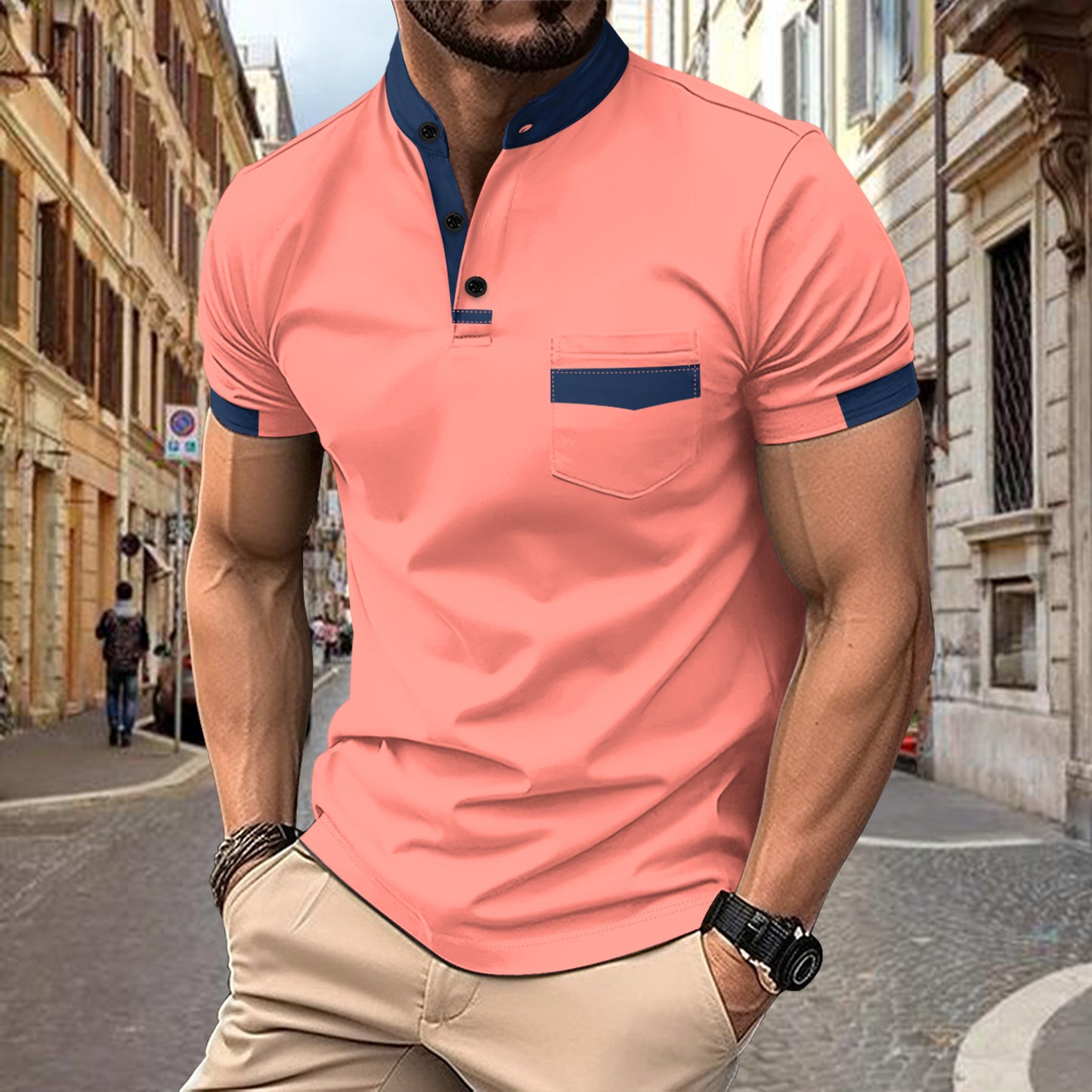 Ins Summer Polo Shirt Color Insert Stand Collar Men's Sport Polo Shirt