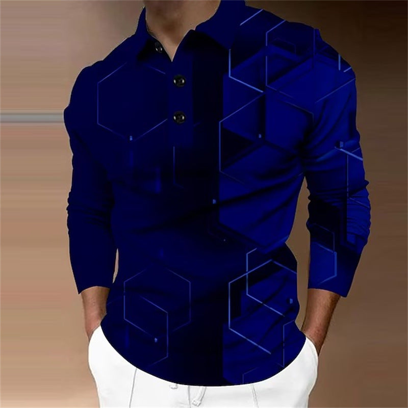 New New Trendy Casual Geometric Pattern Men's Long Sleeve Turn-Down Collar Polo Shirt