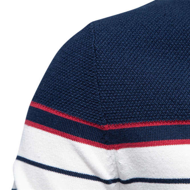 New Striped Color-Block Long-Sleeve Men's Knit Sweater, Fashion Round Neck Casual Pullover