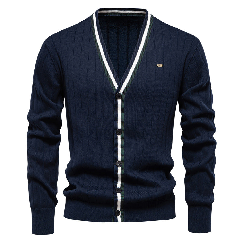 2025 Fall & Winter Men’s V-Neck Cardigan - Trendy Color-Blocked Long Sleeve Knit Sweater