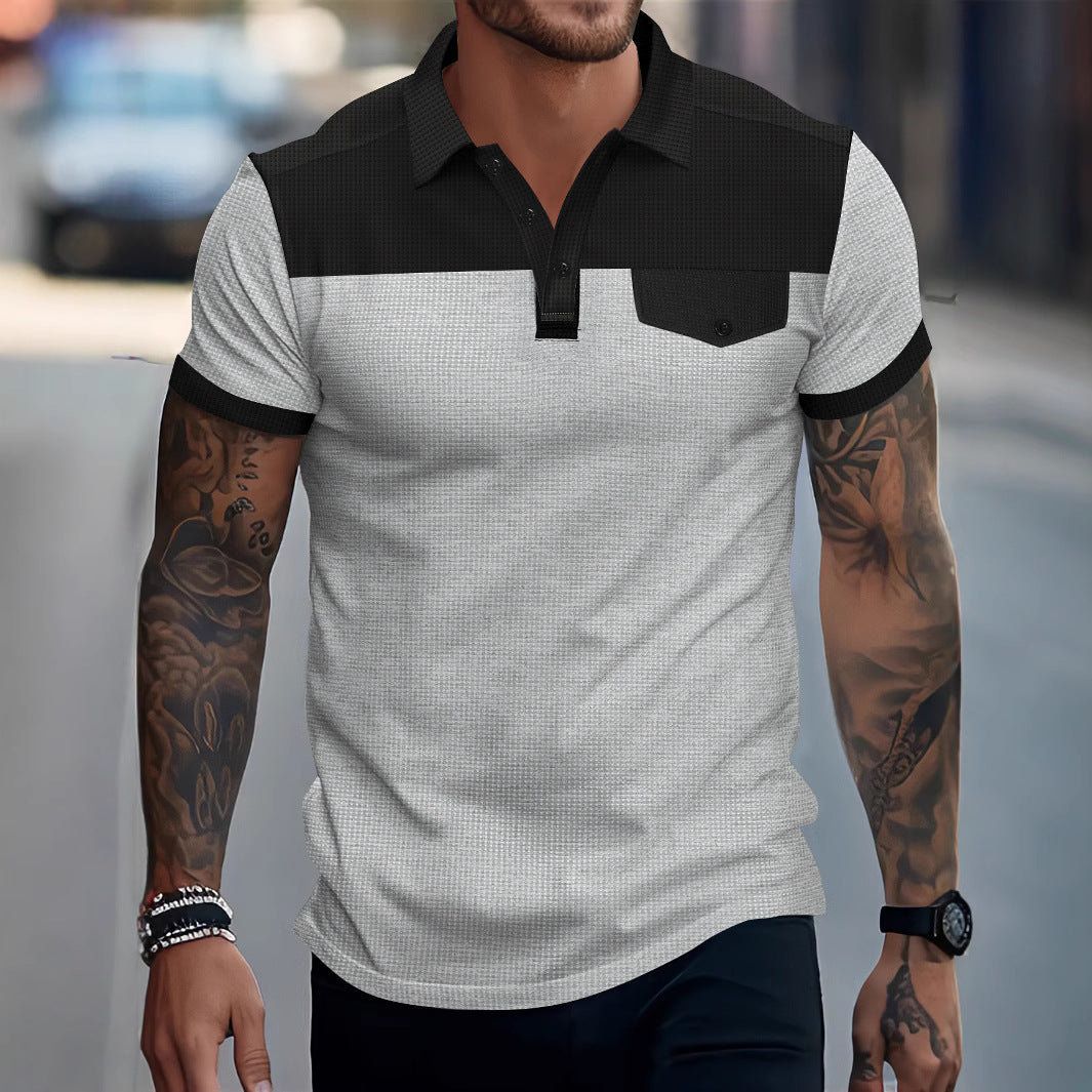 New Men's Waffle Knit Turn-Down Collar Color-Block Chest Pocket Button Polo Shirt