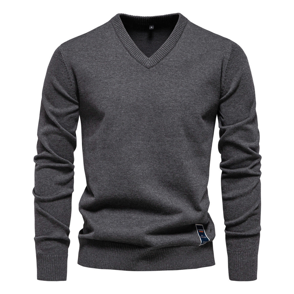2025 Fall/Winter Men’s Cotton V-Neck Sweater | Trendy Solid Color Knit Pullover