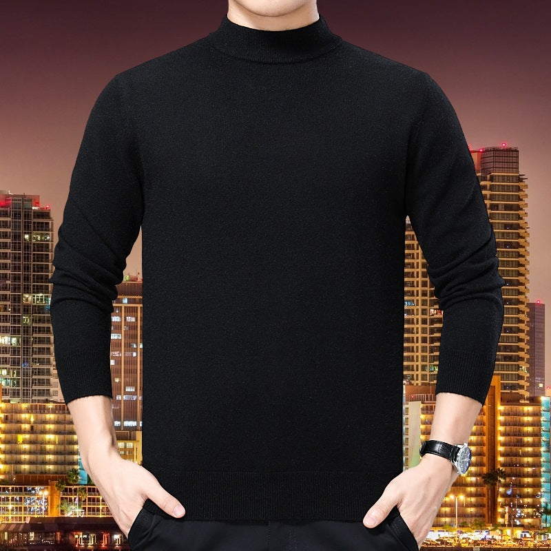 New Semi-Turtleneck Solid Color Sweater – Middle-Aged Men's Warm Stretch Knitwear with Mid-Neck Design