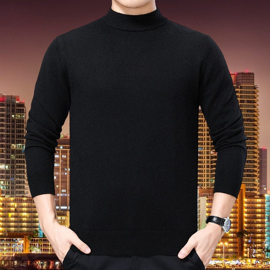 New Semi-Turtleneck Solid Color Sweater – Middle-Aged Men's Warm Stretch Knitwear with Mid-Neck Design