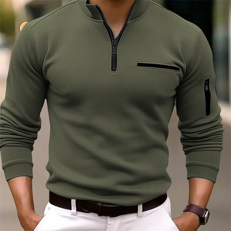 Autumn Polo Shirt Arm Zipper Men's Stripe Long Sleeve Sport Top