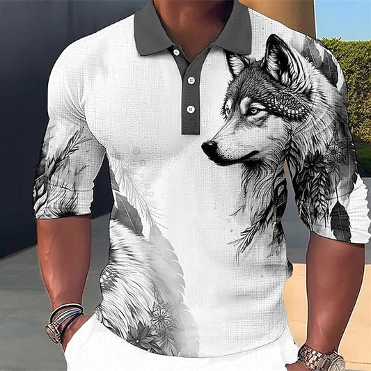 New Autumn Men's Long Sleeve Polo Shirt Animal Print Turn-Down Collar Top