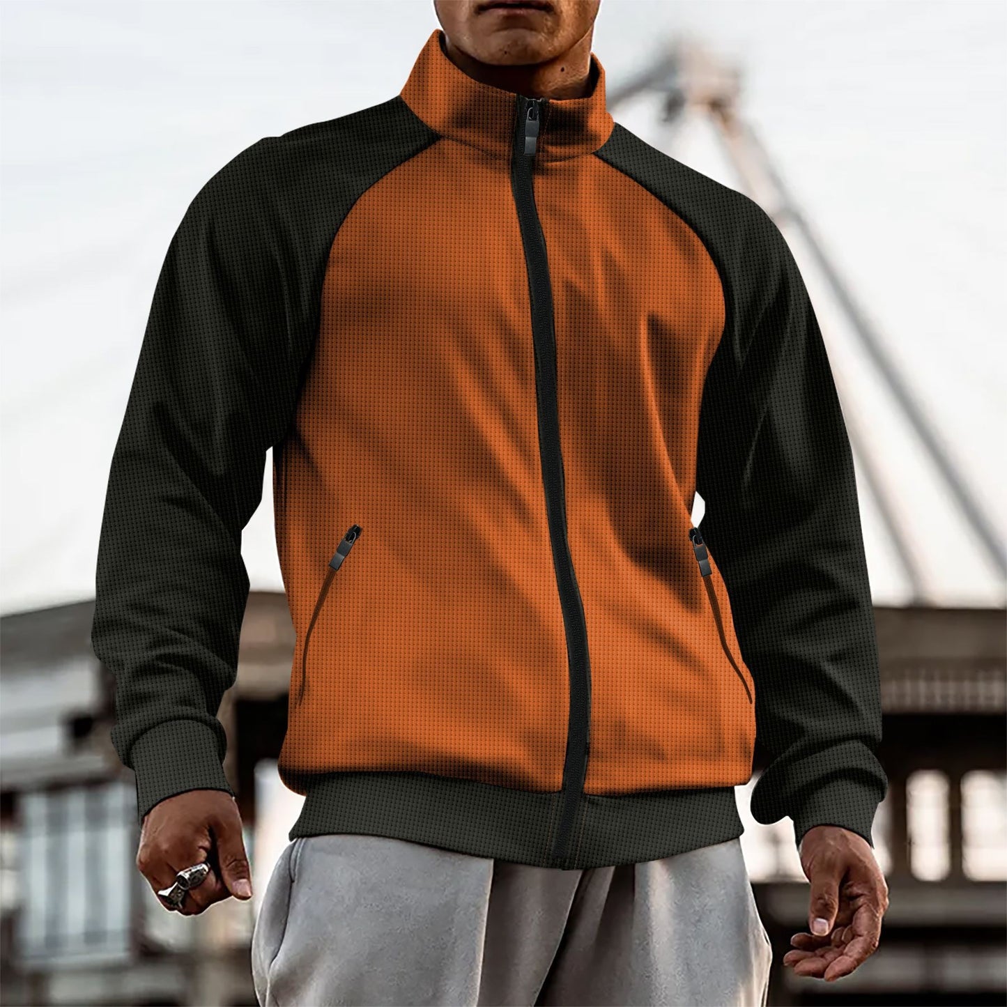 Men’s Colorblock High Neck Zipper Raglan Sleeve Jacket