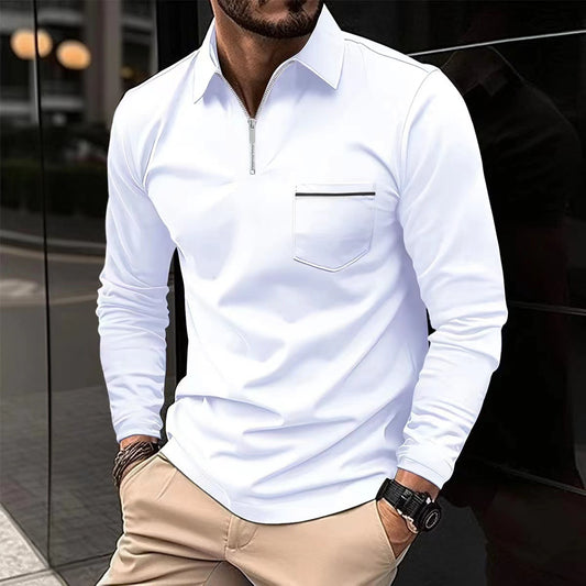 Spring Autumn Long Sleeve Polo Shirt Zipper Pocket Men's Sport Long Sleeve Top