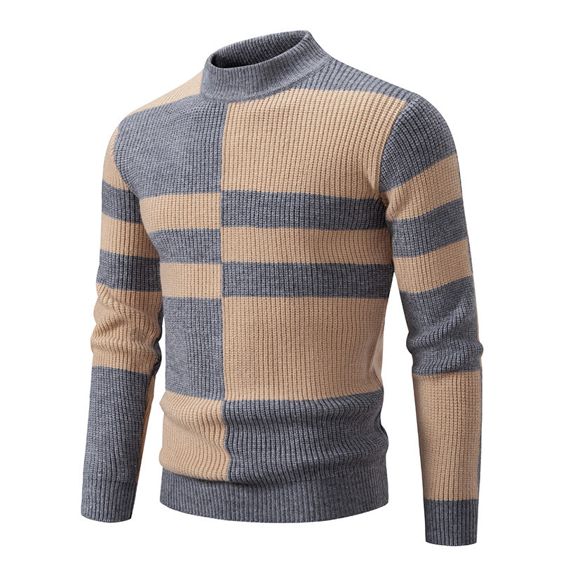 New Men's Mock Neck Color-Blocked Pullover Knit Sweater Korean Style Youth Fashion Top