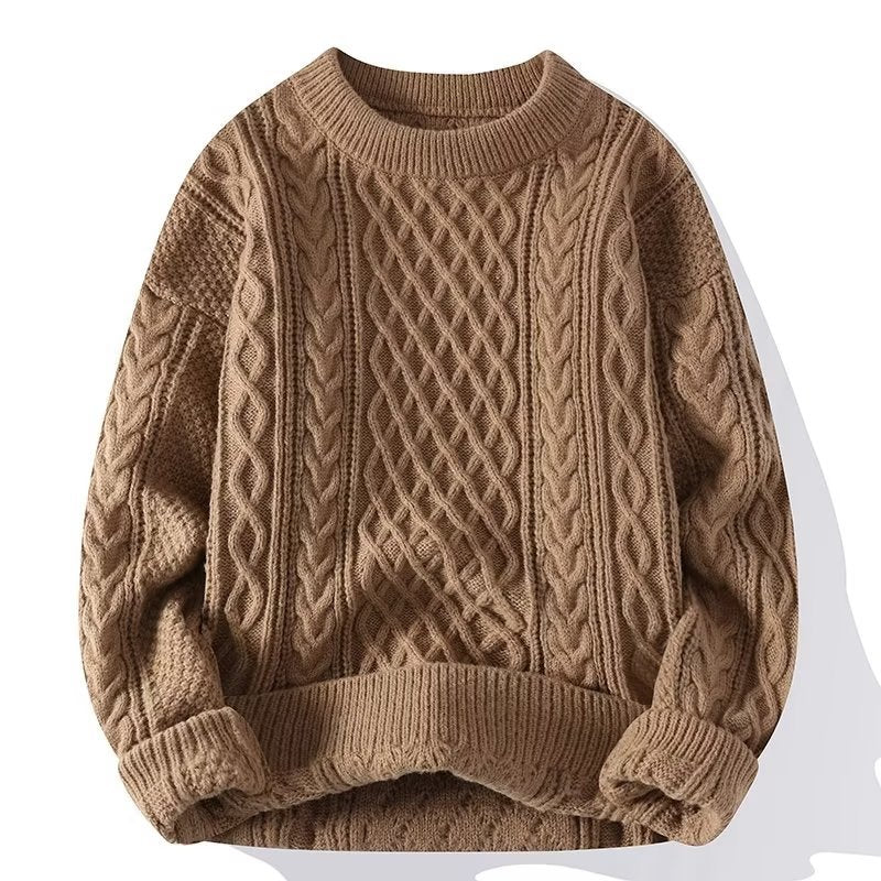 Men's Cable-Knit Sweater Casual Versatile Solid Color Round Neck Pullover