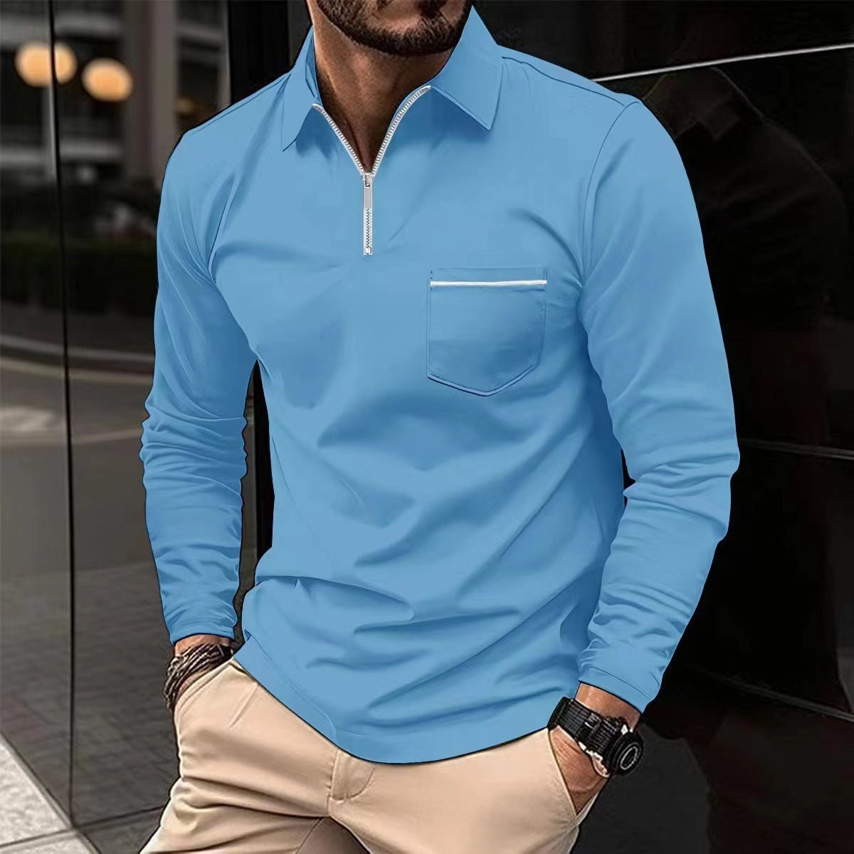 Spring Autumn Long Sleeve Polo Shirt Zipper Pocket Men's Sport Long Sleeve Top