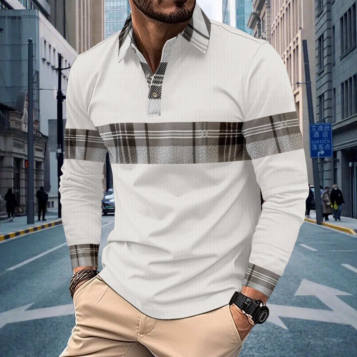 New Men's Casual Polo Shirt Long Sleeve Stripe Button Waffle Knit Print Long Sleeve