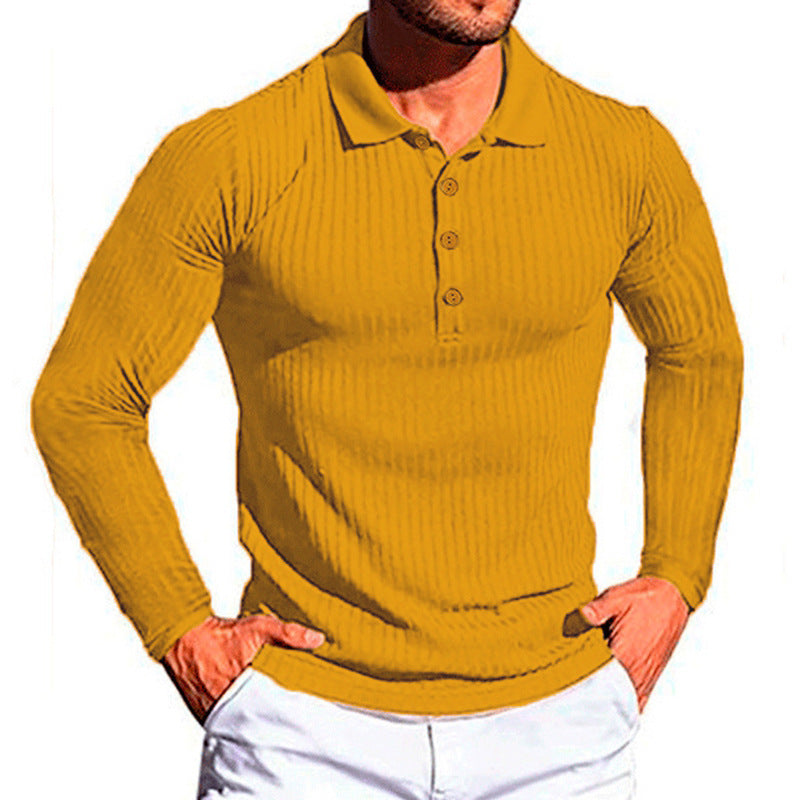 Wish Men's Summer Sport Fitness Casual Stand Collar Elastic Stripe Long Sleeve Polo Shirt Men