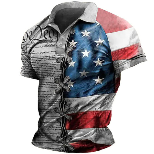 Bestseller Fashion Men's Turn-Down Collar Button Polo Shirt American Independence Day Print Direct Shipping