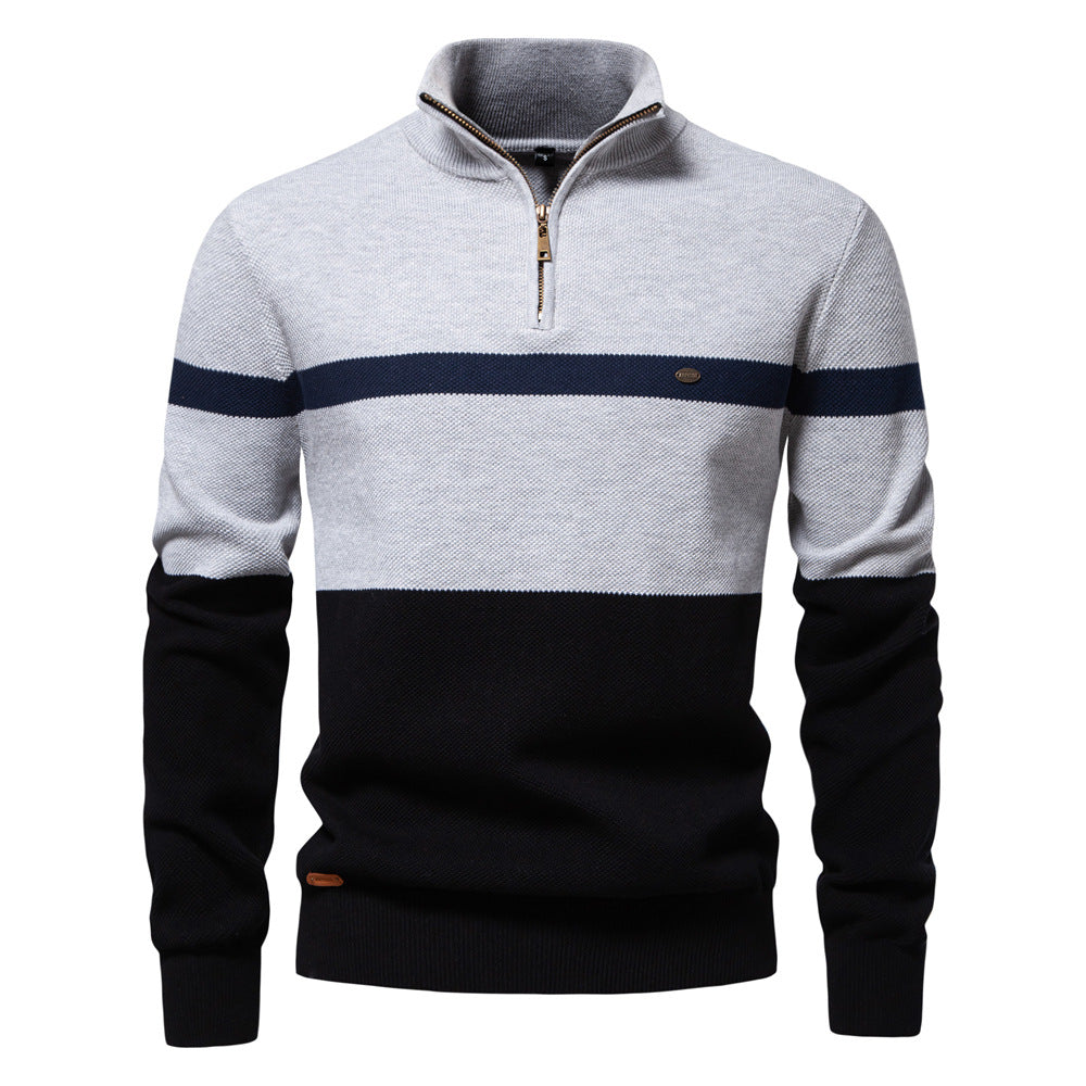 New Stand Collar Men's Sweater Half-Zip Color-Blocked Knit Top Premium Men's Wear