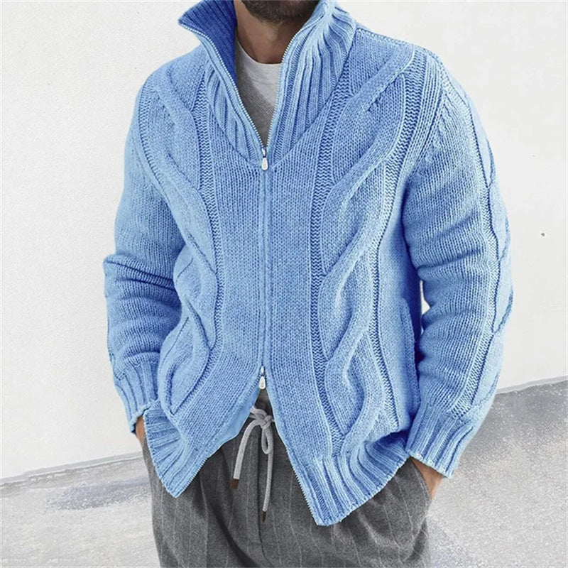 New Men's Solid Color Stand Collar Long-Sleeve Knitted Sweater Fashionable Cardigan