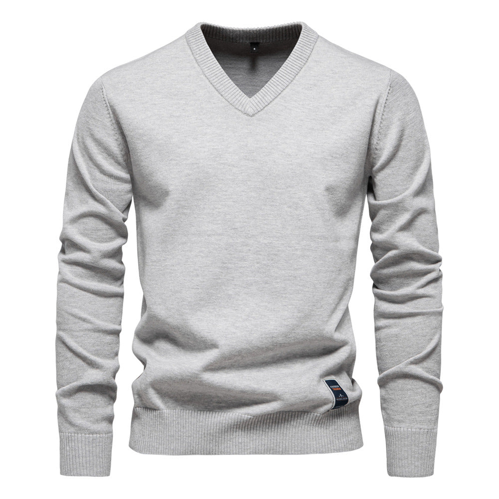 2025 Fall/Winter Men’s Cotton V-Neck Sweater | Trendy Solid Color Knit Pullover