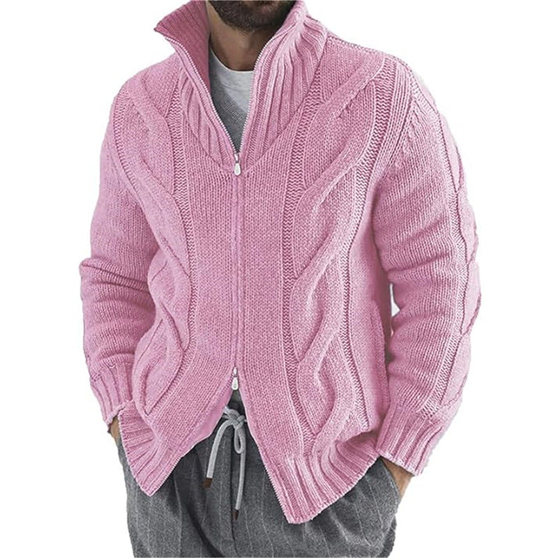 New Men's Solid Color Stand Collar Long-Sleeve Knitted Sweater Fashionable Cardigan
