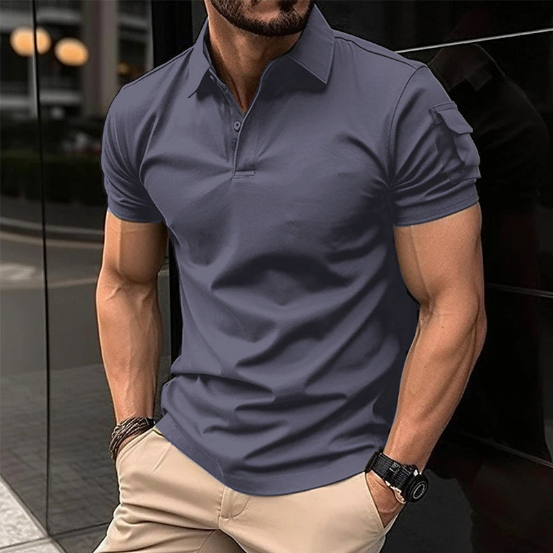 Summer Men's Turn-Down Collar Button Polo Shirt Arm Pocket Sport Polo Shirt