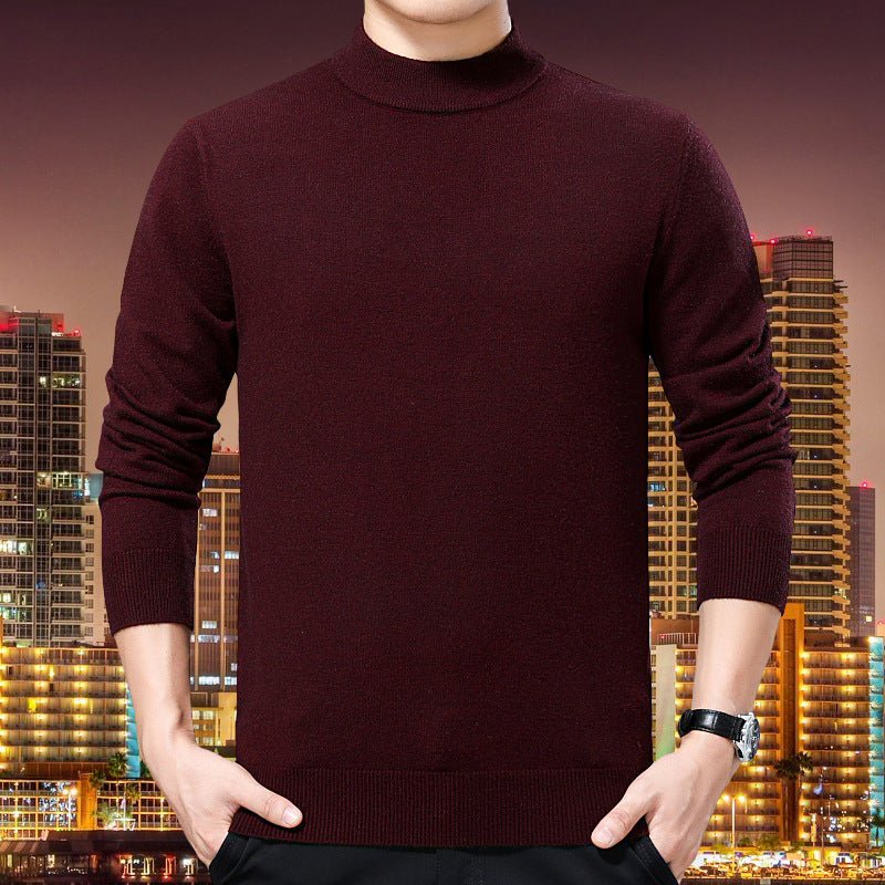 New Semi-Turtleneck Solid Color Sweater – Middle-Aged Men's Warm Stretch Knitwear with Mid-Neck Design