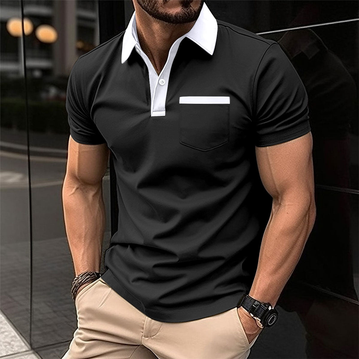New Men's Business Casual Sport Pocket Short Sleeve Turn-Down Collar Polo Shirt Breathable