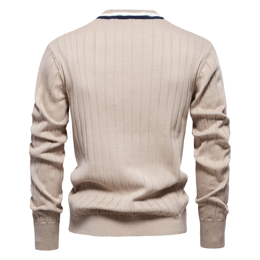 2025 Fall & Winter Men’s V-Neck Cardigan - Trendy Color-Blocked Long Sleeve Knit Sweater