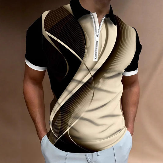Summer New Men's 3D Digital Print Sport Casual Geometric Pattern Short Sleeve Zipper Polo Shirt