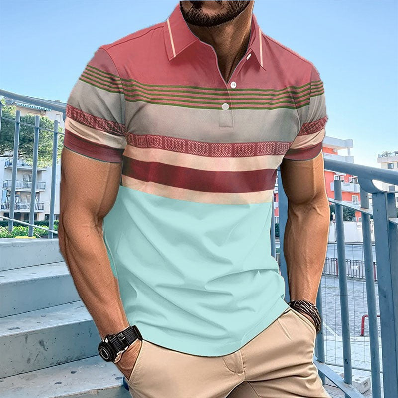 New Men's Casual Polo Shirt Digital Print Stripe Button Turn-Down Collar Top T-Shirt