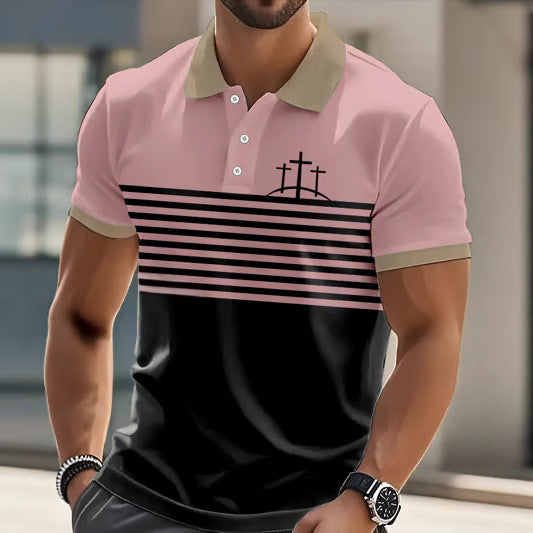 Men's Wear Polo Shirt Summer Fashion Casual Stripe Button Print Men's Short Sleeve Polo Shirt