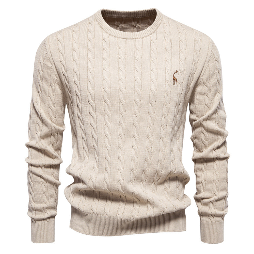 2025 Fall & Winter Men’s Pullover Sweater - High-Quality Solid Color Knit with Deer Embroidery