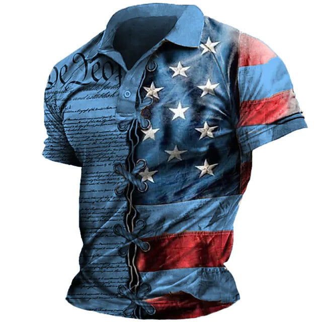 Bestseller Fashion Men's Turn-Down Collar Button Polo Shirt American Independence Day Print Direct Shipping
