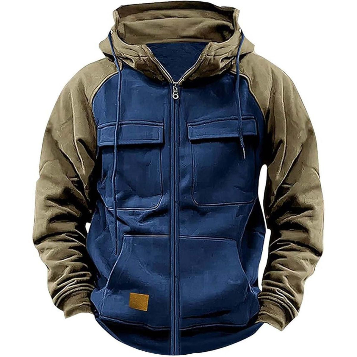 New Men's Solid Color Hoodie Youth Multi-Pocket Leather Patch Workwear