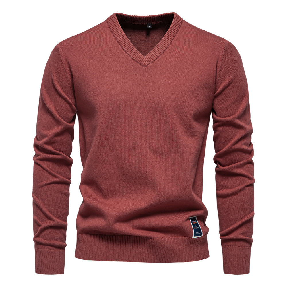 2025 Fall/Winter Men’s Cotton V-Neck Sweater | Trendy Solid Color Knit Pullover