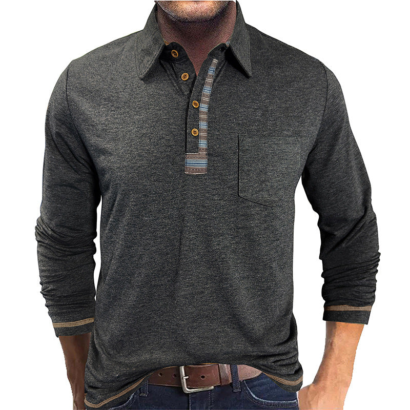 Men's Button-Down Collar Colored Cotton Long Sleeve Polo Casual Fashion Pocket Base Layer Top