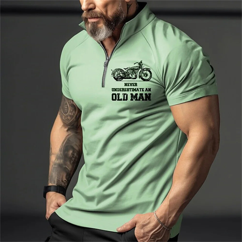 Retro Short Sleeve Men's Polo Shirt Motorcycle 3D Print Turn-Down Collar Zipper Men's Top High Quality Casual Wear