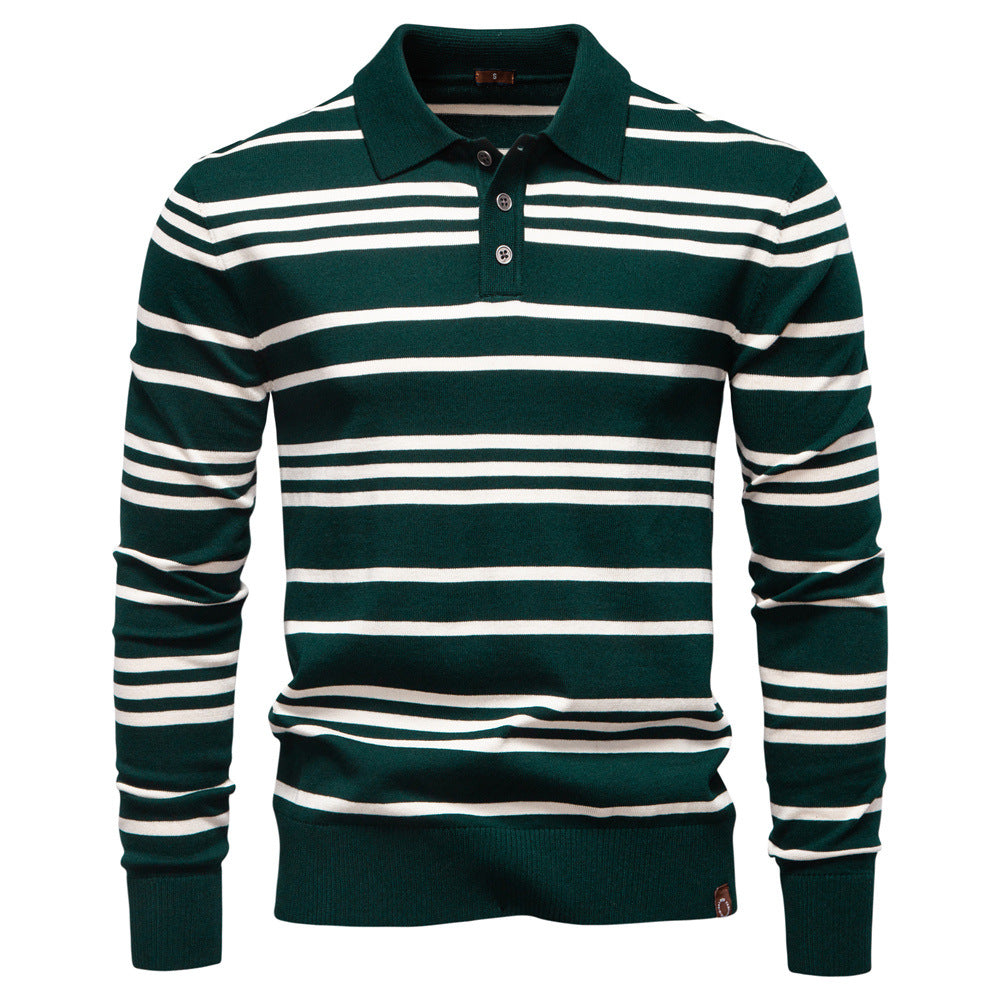 New Turn-Down Collar Striped Polo Knit Sweater for Men
