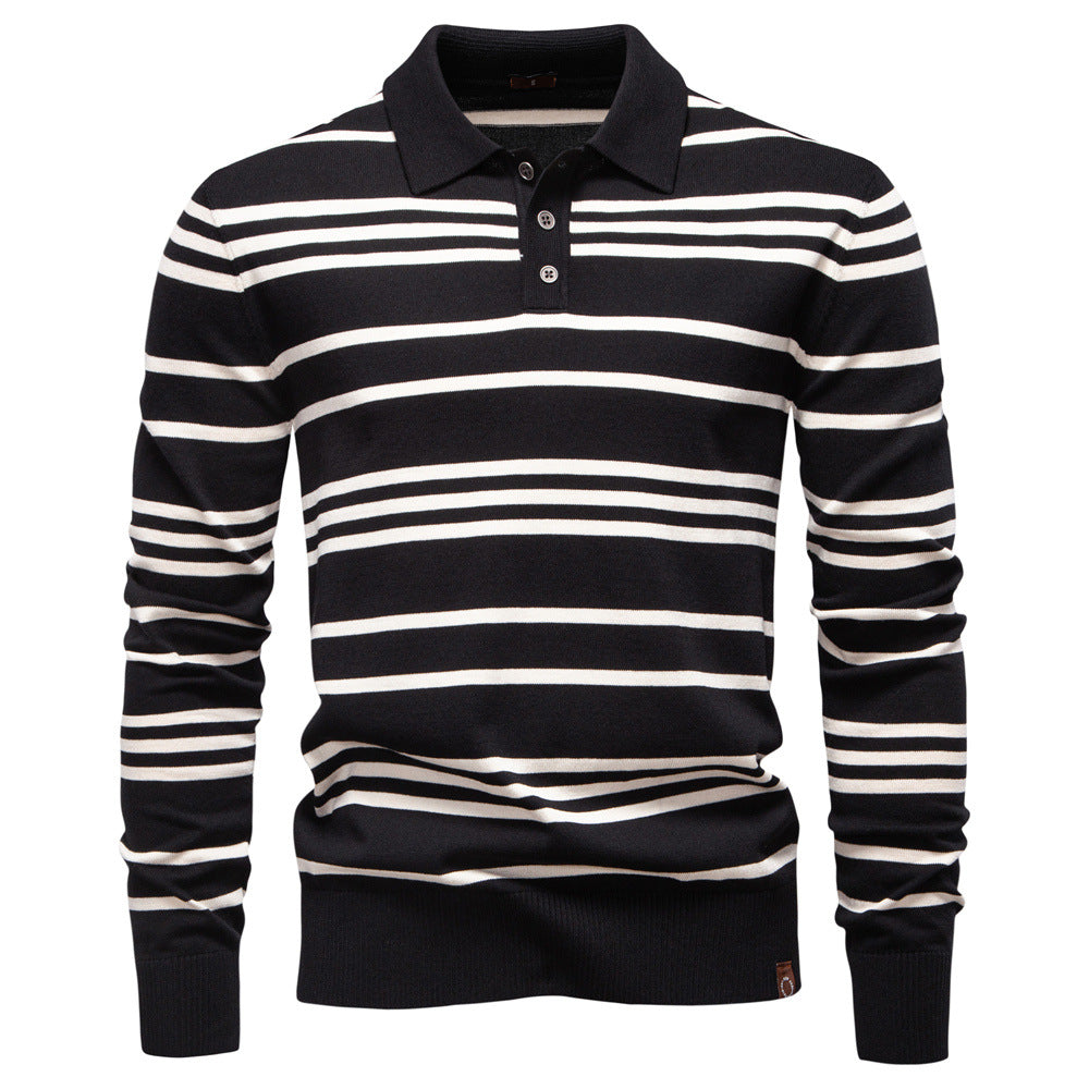 New Turn-Down Collar Striped Polo Knit Sweater for Men