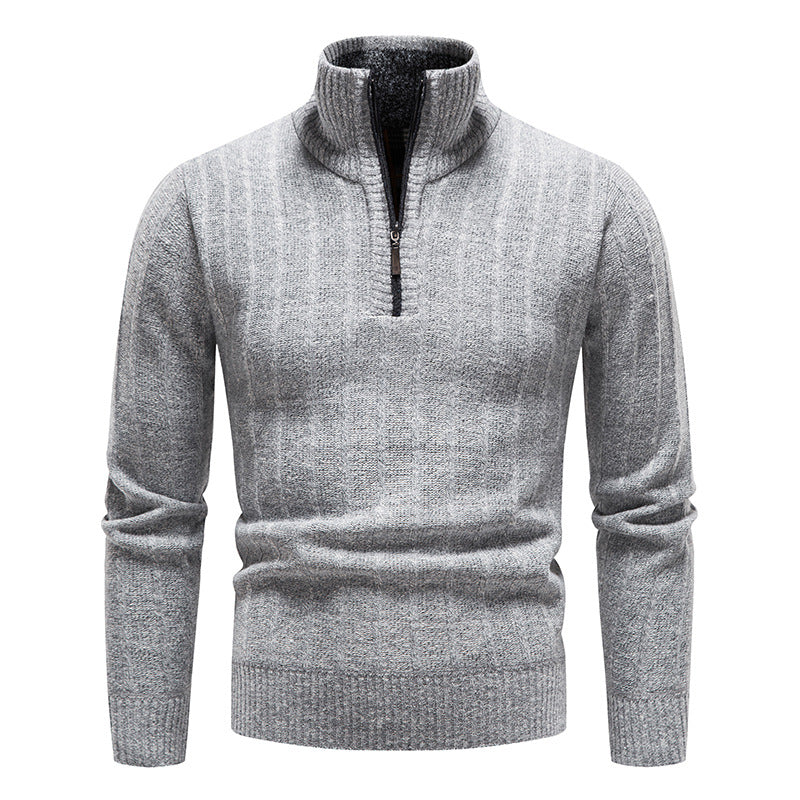 New Men's Stand Collar Pullover Sweater, Business Striped Fleece-Lined Knit Top