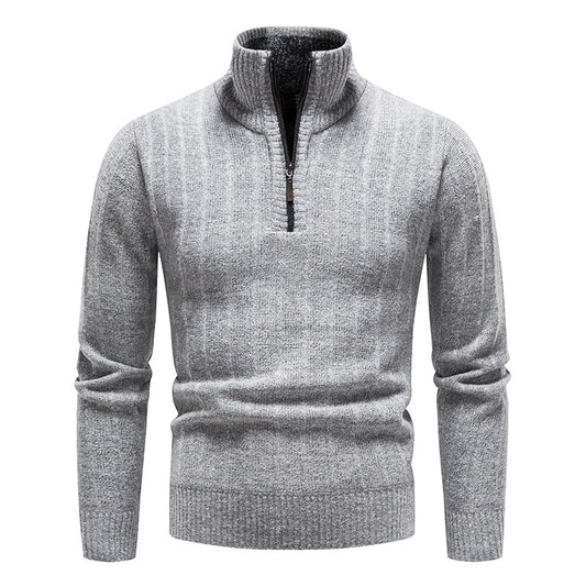 New Men's Stand Collar Pullover Sweater, Business Striped Fleece-Lined Knit Top