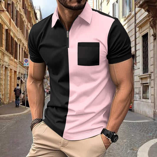 New Men's Casual Polo Shirt Small Twill Self-Fabric Patchwork Turn-Down Collar Button Men's Polo Shirt