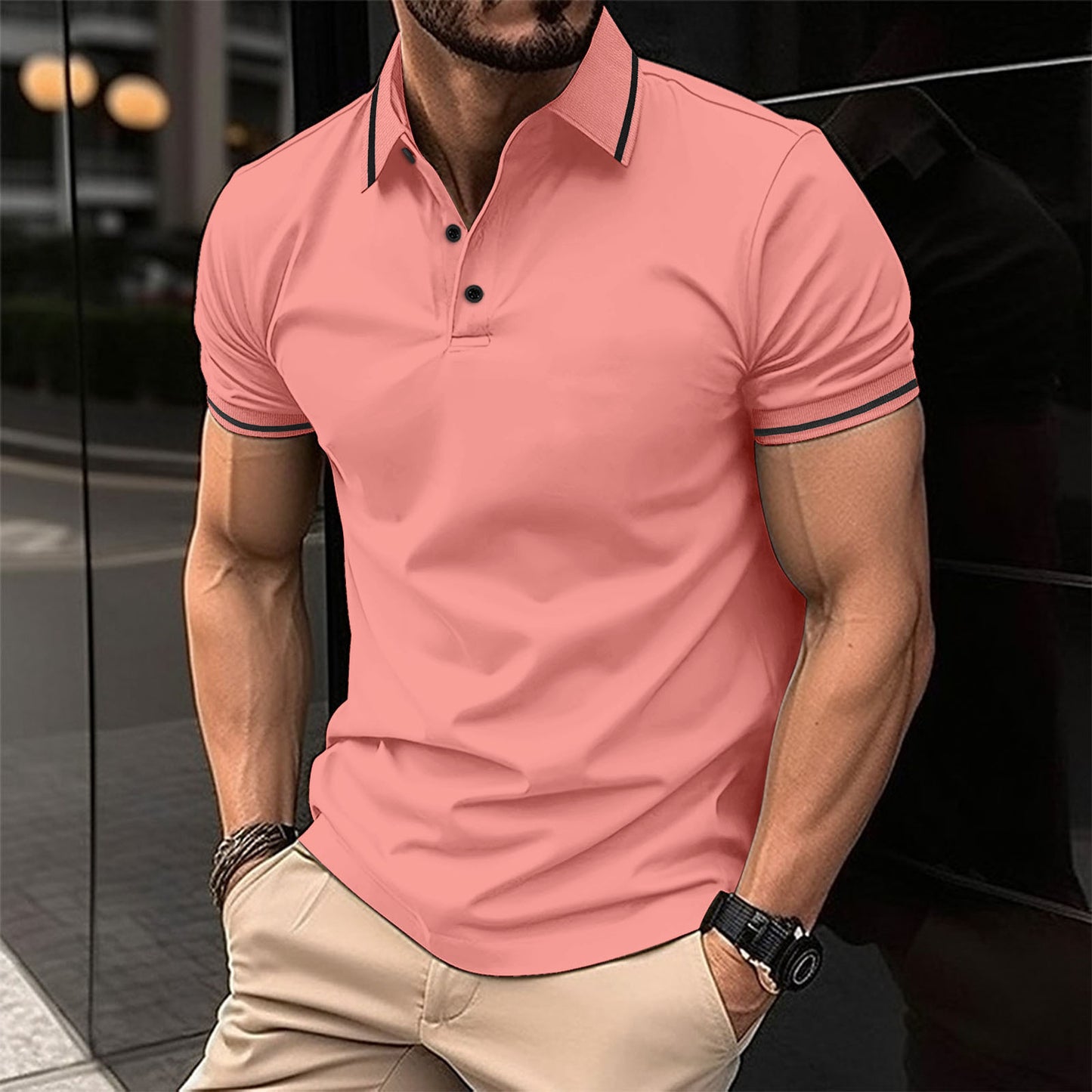 Ins Summer T-Shirt Men's Button Ribbed Collar Sport Polo Shirt