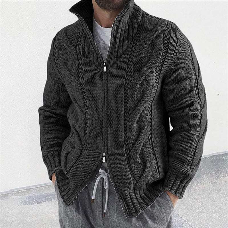 New Men's Solid Color Stand Collar Long-Sleeve Knitted Sweater Fashionable Cardigan