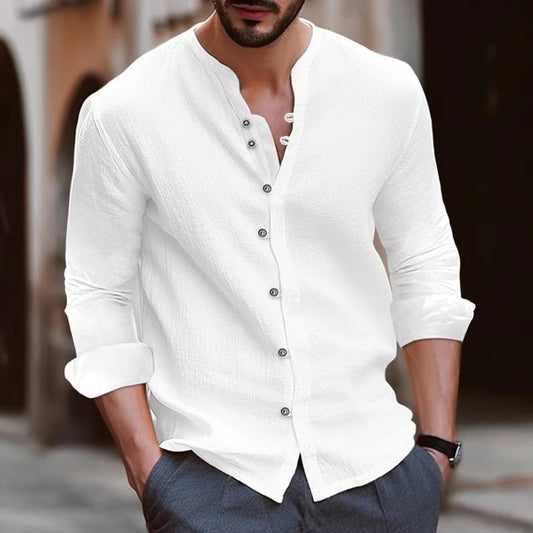 New Men's Vintage Solid Color Linen Casual Button Long Sleeve Shirt